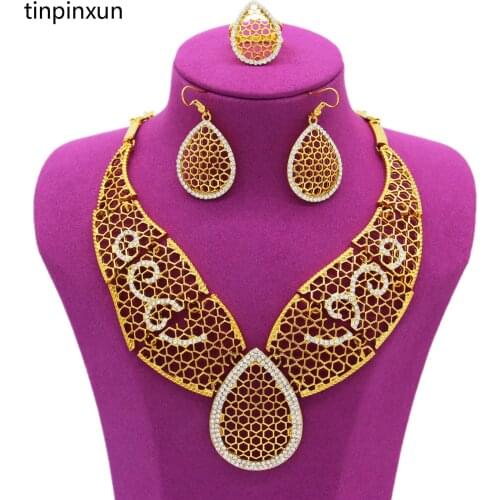 PINXUN Water Drop Dubai Gold Color Jewelry Set Women Wedding Gift Middle East Jewellery African Necklace Ring Earring set YS9