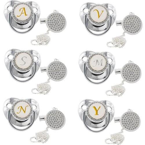 New 26 Name Initial Letters Silver Baby Pacifier Clips Chain Silicone Infant Nipple Bling Newborn Dummy BPA Free Baby Soother