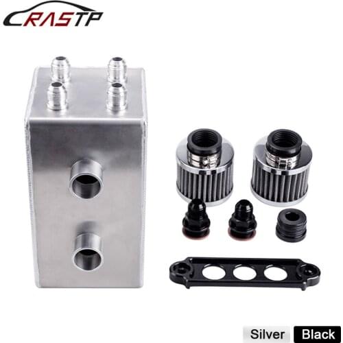 RASTP-3.5L Aluminum Silver Black 4-Port Engine Oil Catch Tank/Can With Breather Filter Drain Tap 2LT Baffled Fuel Tank RS-OCC045