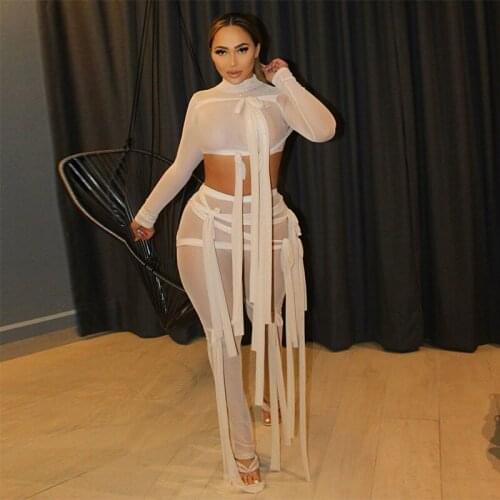 Silk Tulle Tassels Suit Women Crop-Top Translucent Ribbon Casual 2021 New High Street Style Female Long Sleeve Pants Bodysuit