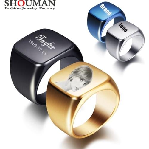 SHOUMAN Customized Engrave Name Photo 316L Stainless Steel Women Mens Signet Rings Family Lover Engagement Wedding Jewelry