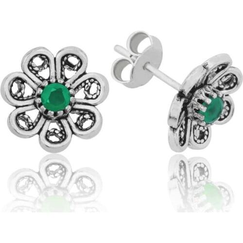 Tevuli 925 Sterling Silver Green Filigree Flower Studded Earrings