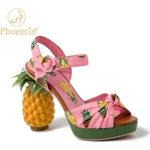 Phoentin pineapple high heels buckle strap sandals 2021 pink printed Peep-Toe Pumps summer platform shoes women novelty FT919
