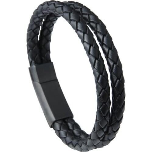 Vanbula Retro Black Woven Geometric Men and Women Stainless Steel Leather Rope Bracelet Holiday Gift Bracelet Jewelry