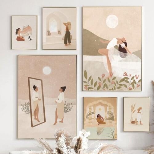 Boho Vintage Moroccan Beige Girl Sun Leaf Nordic Posters And Prints Wall Art Canvas Painting Wall Pictures For Living Room Decor