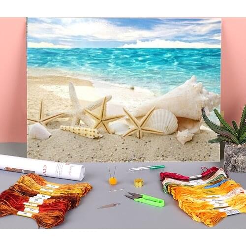 Landscape Seaside Beach Printed Water-Soluble Canvas 11CT Cross Stitch Set DIY Embroidery DMC Threads Hobby Promotions