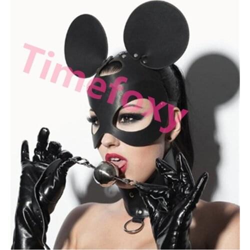 Mouse women mask cat Mask Adjustable shining Leather Studded Mask Hood Custumes Accessories for Party Black fetish hood mask