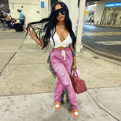 Streetwear Women Sporty Jogger Sweatpant Fashion Side Tassels Patchwork Workout Pant Biker Style Pocket Baggy Running Trouser