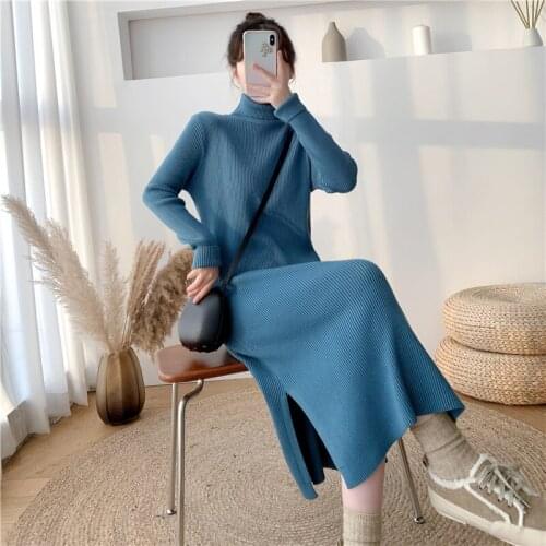 One Piece Autumn Winter Korean Fashion High-Neck Thick Mid-Length Stylish WomenS Clothing Female Simple Knitting Sweater Dress