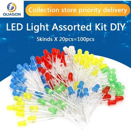 100pcs 3mm LED Light Assorted Kit DIY LEDs Set White Yellow Red Green Blue 5kinds X 20pcs=100pcs