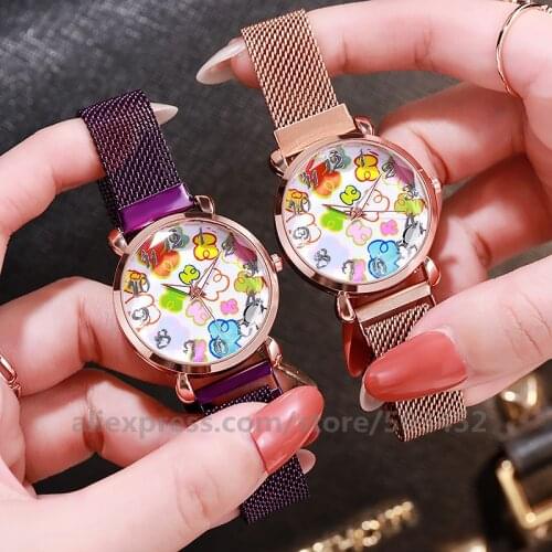 100pcs/lot Womens Watches Wholesale Cartoon Pattern Magnetic Watches Fashion Ladies Gril Arabic Numerals Wristwatch Clock