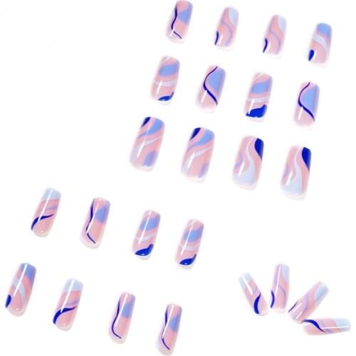 Hot 24pcs Blue Waves Printed Nail Patch Glue Type Removable Long Paragraph Fashion Manicure Save Time False Nail Patch