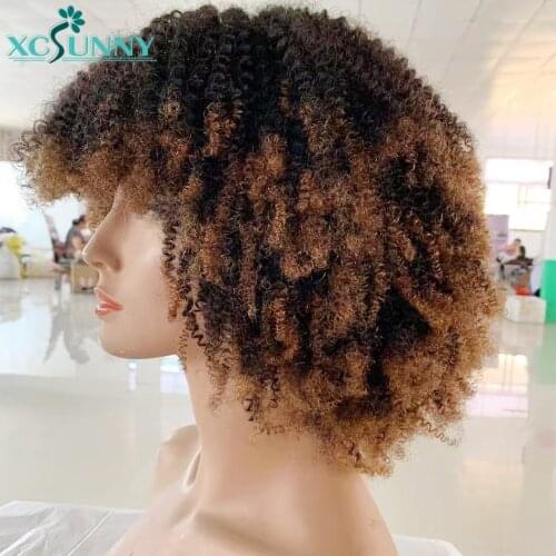 Afro Kinky Curly Wig With Bangs Full Machine Made Scalp Top Wig Remy Brazilian Ombre Curly Human Hair Wigs Xcsunny