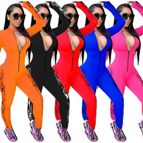 European and American Womens Printed Zipper Fitness Sportswear Long Sleeve Tight Solid Sports Leisure Jumpsuit Bodycon Hot