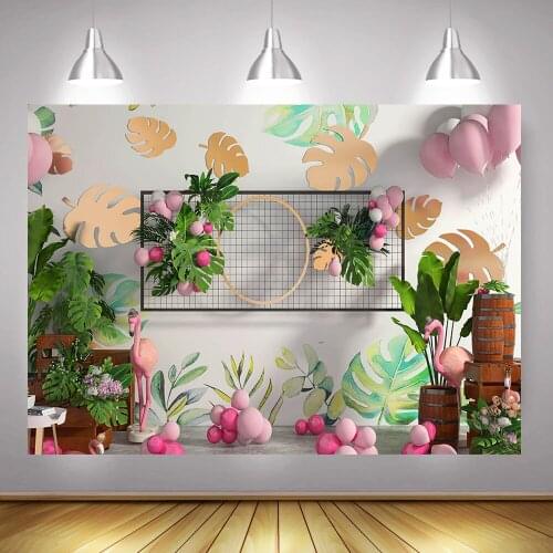 Wild Newborn Baby Portrait Photography Backdrop Photo Studio Tropical Green Leaves Flamingo 1st Birthday Background Balloons
