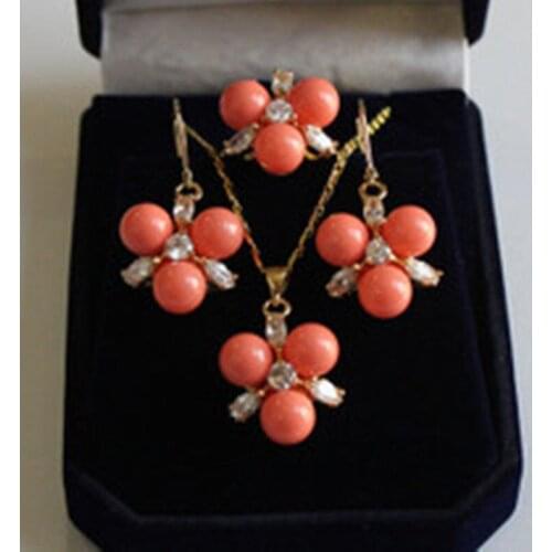 Hot sale new Style 8MM Coral South sea Shell Pearl Beads/ Earrings Ring / Necklace Pendant SetCZ Luxury Ms. girl
