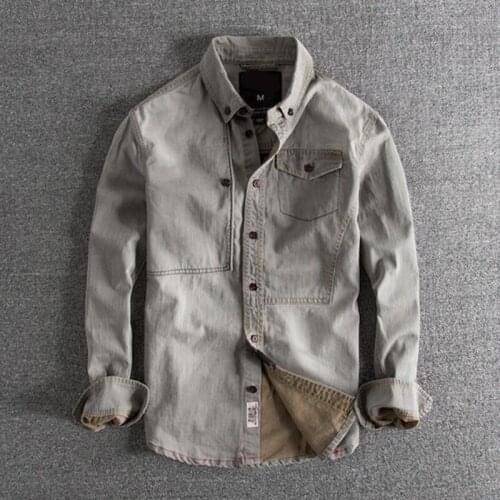 Classic Retro Rinse Denim Shirt for Men Urban Boys Casual Streetwear Vintage Distressed Button Down Long Sleeve Shirts