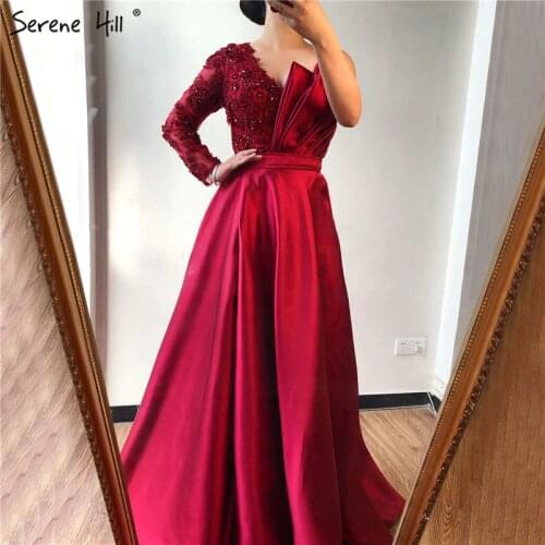Wine Red Satin One Shoulder Sexy Evening Dresses 2020 Handmade Flowers Beading A-Line Formal Dress Serene Hill LA70325