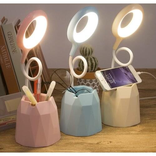 Creative USB Table Light Morden College Dorm Bedroom Study Led Desk Lamp Pen Container Macaroon Eye Protection Ring Table Lamp