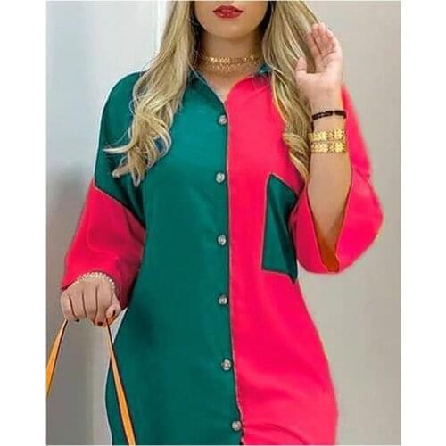 Fashion Women Shirt Dress Long Sleeve Summer Printed Long Dresses Turn-Down Collar Loose Sundress Party Contrast Splicing New