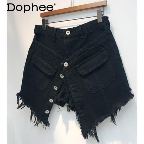 Korean Fashion 2021 Summer Denim Shorts Skirt Women High Waist Loose All-Matching Slimming Short Jeans Fake Two Pieces Hot Pants