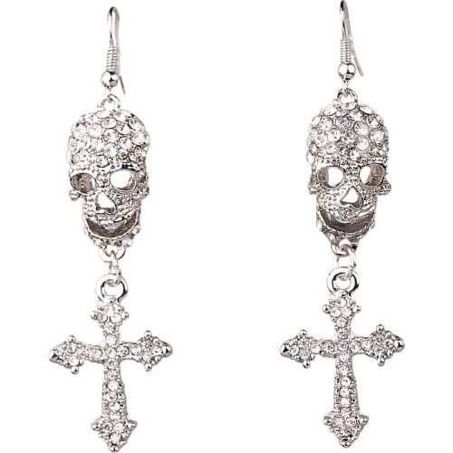 Women Fashion Jewelry Skull Cross Style Earrings Handmade Rhinestone Drop Crystal Dangle Long Earrings For Women Girls