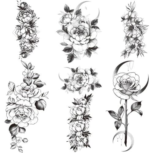 Moon Daisy Fake Temporary Tattoos For Women Geometric Sexy Jasmine Tattoo Peony Camellia Rose Flower Branch Tatoo Armbands Waist