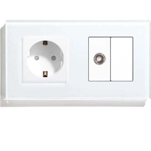 BSEED Wall Socket TV With EU Standard Socket Crystal Glass Panel White EU Standard