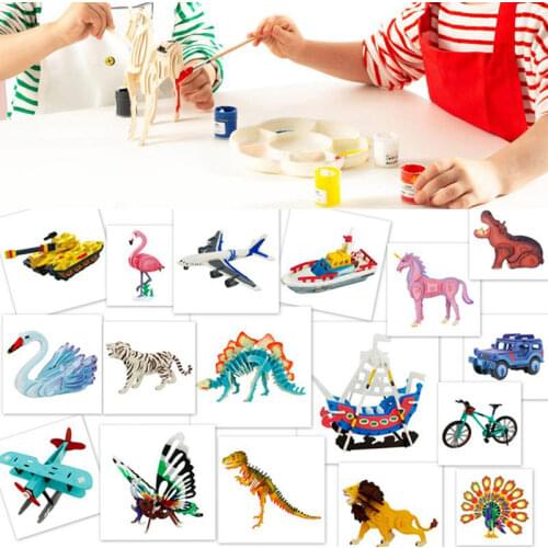 3d wooden puzzles for kids montessori materials animals jeep tank yacht boat Seaplane model DIY printing drawing Model Toys gift