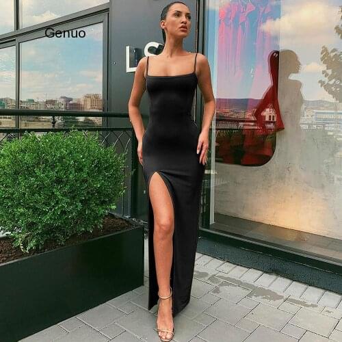 Autumn Women Spaghetti Strap Dress Autumn Sexy Split Solid Slim Lady Ankle Length Vintage Wear Dress New