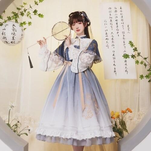 Princess Lolita Op Lace Embroidery Chinese Style Spring Summer Retro Daily Lolitas Kawaii Anime Cosplay High Waist Long Sleeve