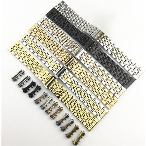 Curved End 7 Beads Stainless Steel Watchband Suitable for Samsung Tissot Watch Band Strap Bracelet 12mm-24mm Butterfly Buckle