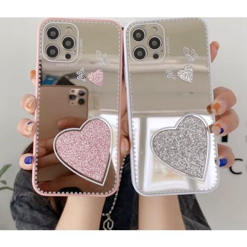 Luxury Love Heart Mirror Bumper Phone Case For Iphone 12 11 Pro MAX Mini X XR XS SE 2020 7 8 Plus Glitter Butterfly Back Cover