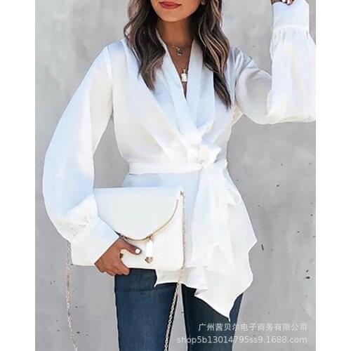 Shirts Women Autumn Fashion Solid Simply Tees Casual Loose Elegant Bandge V-neck Female Long Sleeve Female Mujer De Moda Blusas