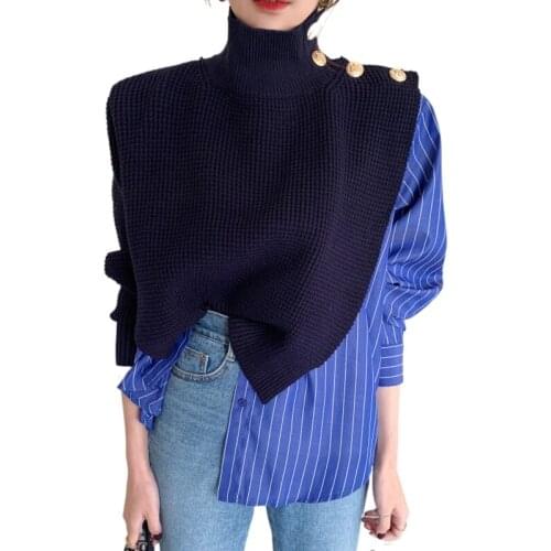 Patchwork Turtleneck Sweater Women Autumn New Striped Chic Side Buttons Fake Two-piece Female Pullovers Tops Korean Fashion