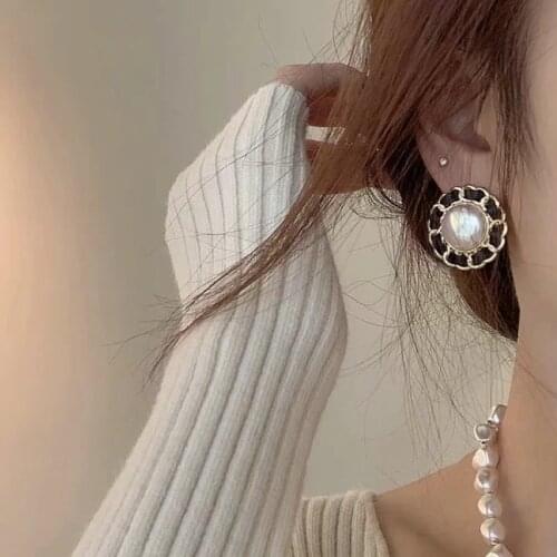TIMEONLY Statement Round Leather Imitation Pearl Stud Earring for Women Ladies Charms Earrings for Women Girls Jewelry Korean