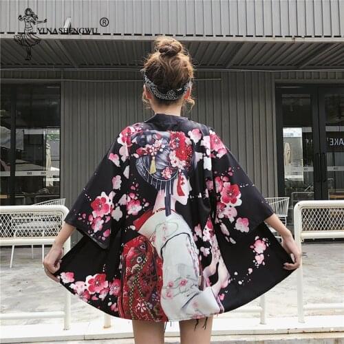 Japanese Kimono With Belt Woman Harajuku Japanese Blouses Flower Printed Loose Casual Top Coat Kimono Black White Kimono Lace