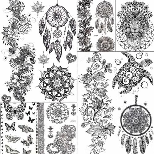 YURAN Waterproof India DreamCatcher Rattan Mandala Flower Tattoos Stickers Black Women Temporary Tatoo Turtle Arm Boho Tattoo