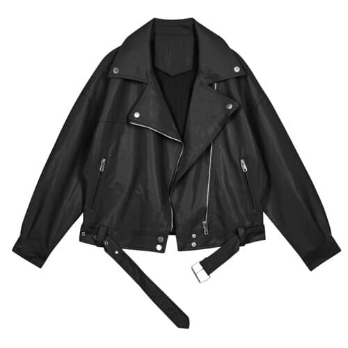2020 New Spring Women Pu Leather Motorcycle Jacket Female With Belt Solid Color Jackets Ladys Loose Casual Jacket