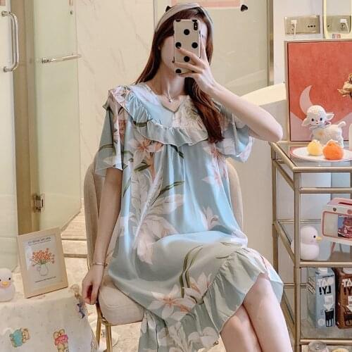 Women Cartoon Sleepwear Floral Printed Dress Cute Silk Cotton Nightgown Round Neck Thin Summer Female Nighty Night Sleep Dress