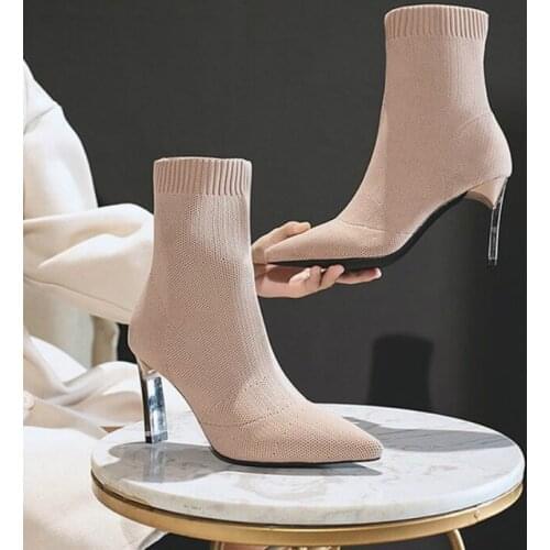 Metal Blade Heels Socks Boots Women Stretch Fabric Elastic Stilettos Heel Pointed Toe Ankle Boots Shoes Woman Boats Booties 2020