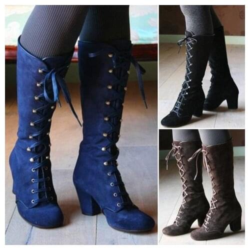 2021 Black boots women Shoes knee high Women Casual Vintage Retro Mid-Calf Boots Lace Up Thick Heels Shoes