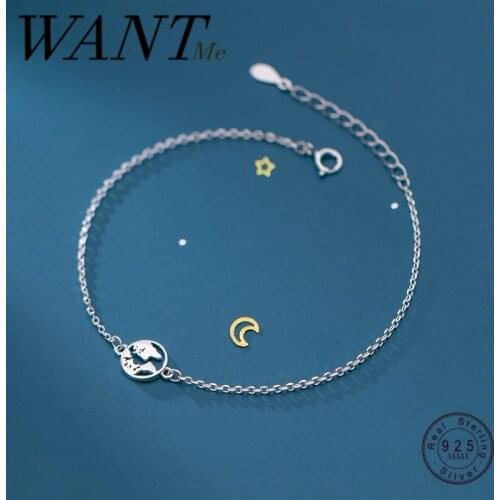 WANTME Real 925 Sterling Silver Chain Link World Map Globe Bracelet for Women Charm Travel Jewelry Gift Wanderlust Earth Bangles