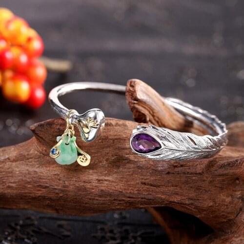 S925 sterling silver jewelry Thai silver drop-shaped amethyst open bracelet for women