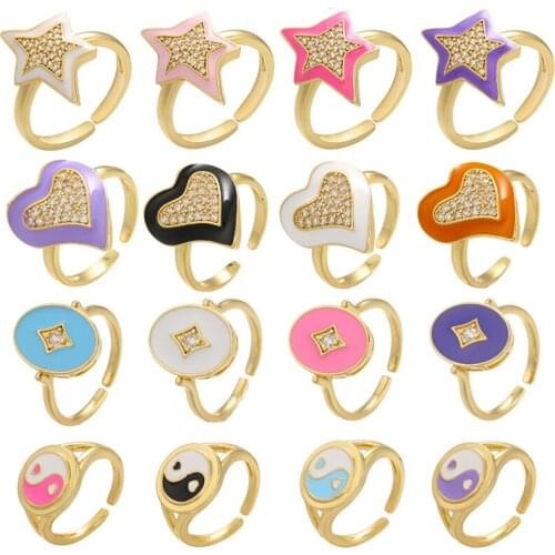 QMHJE Enamel Star Women Ring CZ Neon Purple Glitter Gold Color Yinyang Heart Oval Open Cuff Lady Wedding Engagement Adjustable