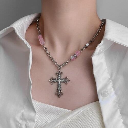 Cosysail Shiny Rhinestone Cross Pendant Necklace for Female Hip hop Stainless steel Stitching Necklace Party Statement Jewelry