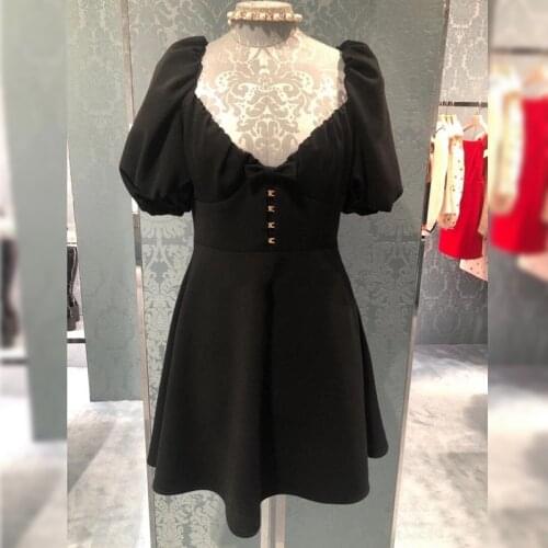 Women Short Sleeve Bandage Summer Dress Square Collar Bow Backless High Waist Black Mini French Dress