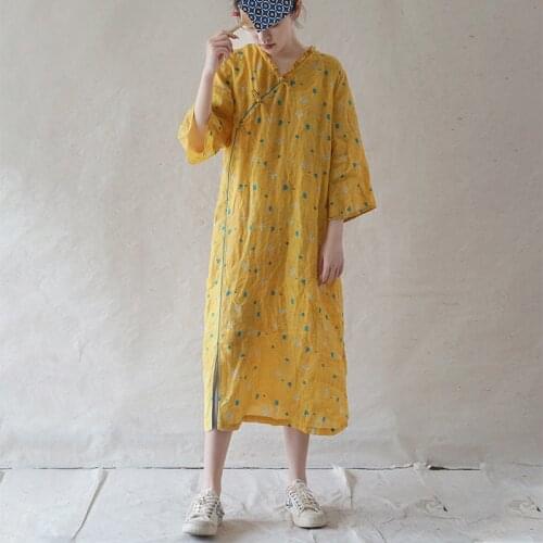 Johnature Women Ramie Chinese Style Dresses Yellow V-Neck Seven Sleeve 2021 Summer New Print Floral A-Line Female Cheongsam