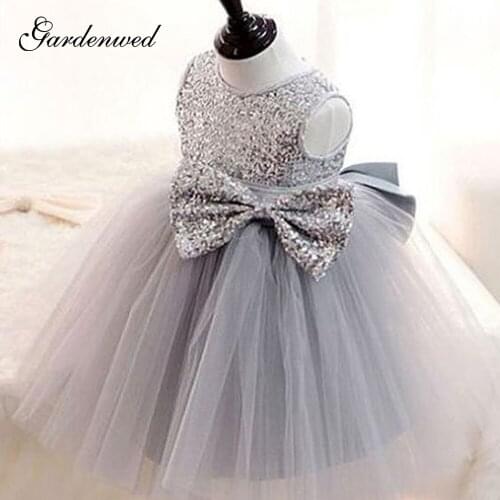 Gardenwed 2020 Puffy Cute Flower Girl Dresses Sliver Glitter O-neck Evening Dress Sequin Bow Sleeveless Ball Gown,Vestidos