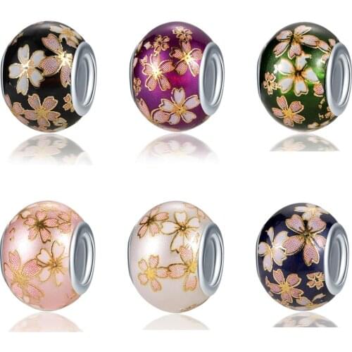 5PCS Silver Plated Alloy Tube Printed Resin Colorfull Flower Round Big Hole Beads Fit Women DIY Bracelet Necklace Accessories